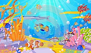 Underwater marine life, vector cartoon illustration. Ocean or sea bottom with colorful fishes, coral reefs and seaweeds.