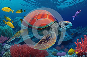 Underwater Marvel: Turtle with Colorful Fish, Sea Animals, and Vibrant Coral in Ocean.