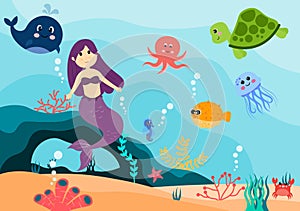 Underwater Mermaid Vector Illustration Cute Sea Animals Cartoon Characters Along with Fish, Turtle, Octopus, Seahorse, Crab