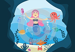 Underwater Mermaid Vector Illustration Cute Sea Animals Cartoon Characters Along with Fish, Turtle, Octopus, Seahorse, Crab