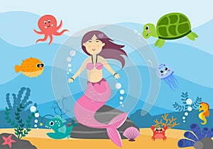 Underwater Mermaid Vector Illustration Cute Sea Animals Cartoon Characters Along with Fish, Turtle, Octopus, Seahorse, Crab