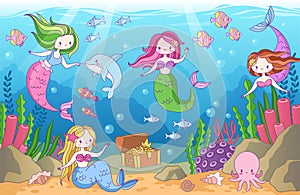 Underwater with mermaids. Seabed with mythical princesses and sea creatures, seaweeds and seashell, octopus, treasure