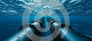 Underwater metal conduit for subsea oil and gas pipeline transport in blue ocean photo