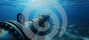 Underwater metal conduit for subsea oil and gas pipeline transport in blue ocean photo