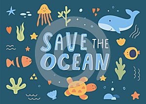 Underwater nature world. Under sea hand drawn vector illustration. Shell, fish, turtle, starfish, marine, ocean life