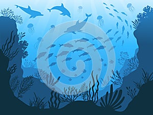 Underwater ocean fauna. Deep sea plants, fishes and animals. Marine seaweed, fish and animal silhouette vector