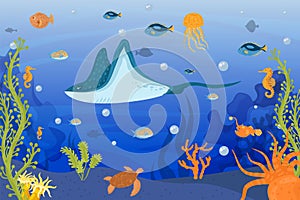 Underwater ocean life, cartoon fish at sea nature with corals, vector illustration. Tropical reef with wild animals