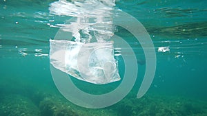 Underwater ocean with plastic and plastic bags, ecological problems
