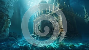 Underwater ocean scene with castle. Ruins of the Atlantic. Generative AI.