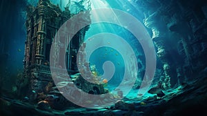 Underwater ocean scene with castle. Ruins of the Atlantic. Generative AI.