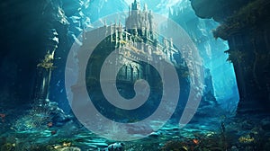 Underwater ocean scene with castle. Ruins of the Atlantic. Generative AI.