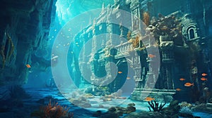 Underwater ocean scene with castle. Ruins of the Atlantic. Generative AI.