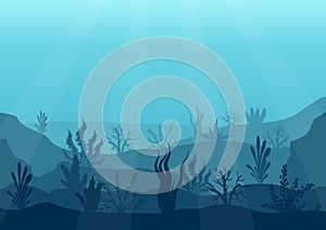 Underwater ocean scene. Deep blue water, coral reef and underwater plants. Marine sea bottom silhouette with seaweed