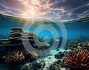 underwater oceanic reefs under clear blue skies