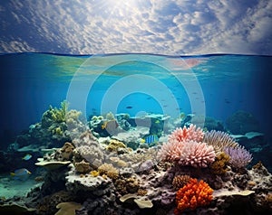 underwater oceanic reefs under clear blue skies