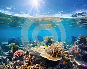 underwater oceanic reefs under clear blue skies