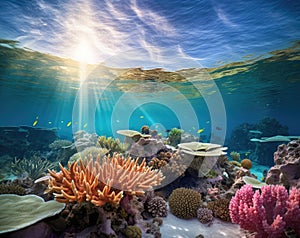 underwater oceanic reefs under clear blue skies