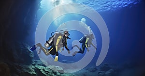 Underwater Odyssey - Two scuba divers in underwater cave. Generative AI