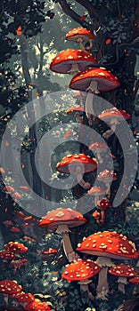 Underwater organism with red mushroomlike growth on tree in aquatic environment