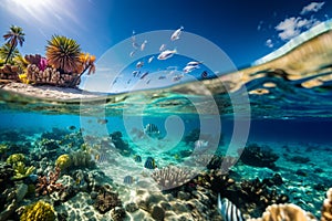 Underwater and overwater views sea life, beach and sky on a sunny day