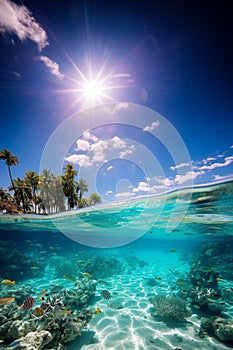 Underwater and overwater views sea life, beach and sky on a sunny day