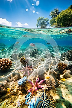 Underwater and overwater views sea life, beach and sky on a sunny day