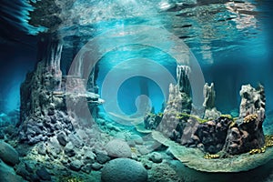 underwater panorama of a hydrothermal vent landscape