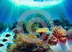 underwater panorama of a tropical reef in the caribbean. Generative AI