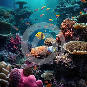 underwater paradise background coral reef wildlife nature collage with shark manta ray sea turtle fish background