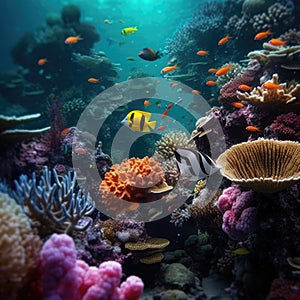 underwater paradise background coral reef wildlife nature collage with shark manta ray sea turtle fish background