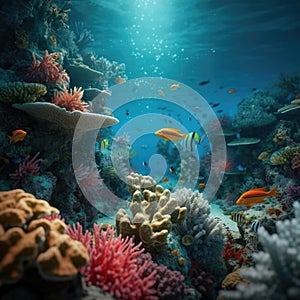 underwater paradise background coral reef wildlife nature collage with shark manta ray sea turtle fish background