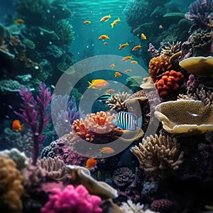 underwater paradise background coral reef wildlife nature collage with shark manta ray sea turtle fish background