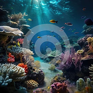 underwater paradise background coral reef wildlife nature collage with shark manta ray sea turtle fish background