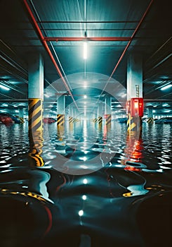 Underwater Parking Lot. Submerged Cars in Flooded Parking. Flood consequences. Concept climat change photo