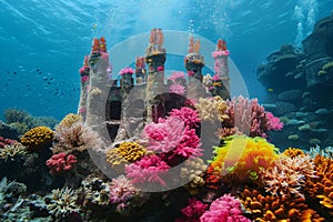 An underwater photograph showcasing a vibrant coral reef teeming with corals and sponges, An enchanting underwater castle made