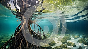 Underwater photograph of a tropical Mangrove trees roots, above and below the water in the Caribbean sea. an uncommon underwater
