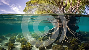 Underwater photograph of a tropical Mangrove trees roots, above and below the water in the Caribbean sea. an uncommon underwater