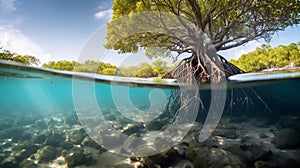 Underwater photograph of a tropical Mangrove trees roots, above and below the water in the Caribbean sea. an uncommon underwater