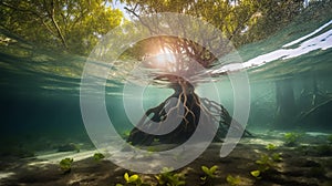 Underwater photograph of a tropical Mangrove trees roots, above and below the water in the Caribbean sea. an uncommon underwater