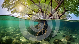 Underwater photograph of a tropical Mangrove trees roots, above and below the water in the Caribbean sea. an uncommon underwater