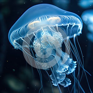 Underwater photography, blue translucent jellyfish