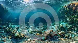 underwater photography, tropical sea. Below under water there is garbage, plastic bottles and exotic fishes