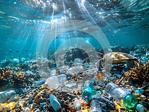 underwater photography, tropical sea. Below under water there is garbage, plastic bottles and exotic fishes
