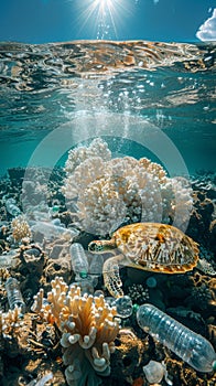 underwater photography, tropical sea. Below under water there is garbage, plastic bottles and a turtle.