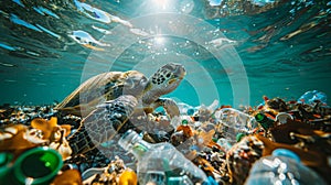 underwater photography, tropical sea. Below under water there is garbage, plastic bottles and a turtle.