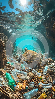 underwater photography, tropical sea. Below under water there is garbage, plastic bottles and a turtle.