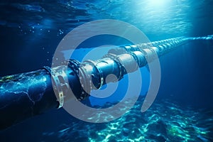 Underwater pipeline for oil and gas transport. Metal conduit in ocean. Subsea industry equipment at sea bottom