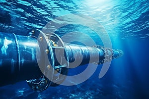Underwater pipeline for oil and gas transport. Metal conduit in ocean. Subsea industry equipment at sea bottom
