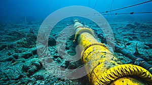 Underwater pipeline stretching into the abyss. Subsea cable amidst oceanic terrain. Industrial maritime infrastructure photo