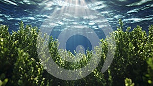 Underwater plants absorbing carbon dioxide in a blue carbon ecosystem, visualizing carbon sequestration